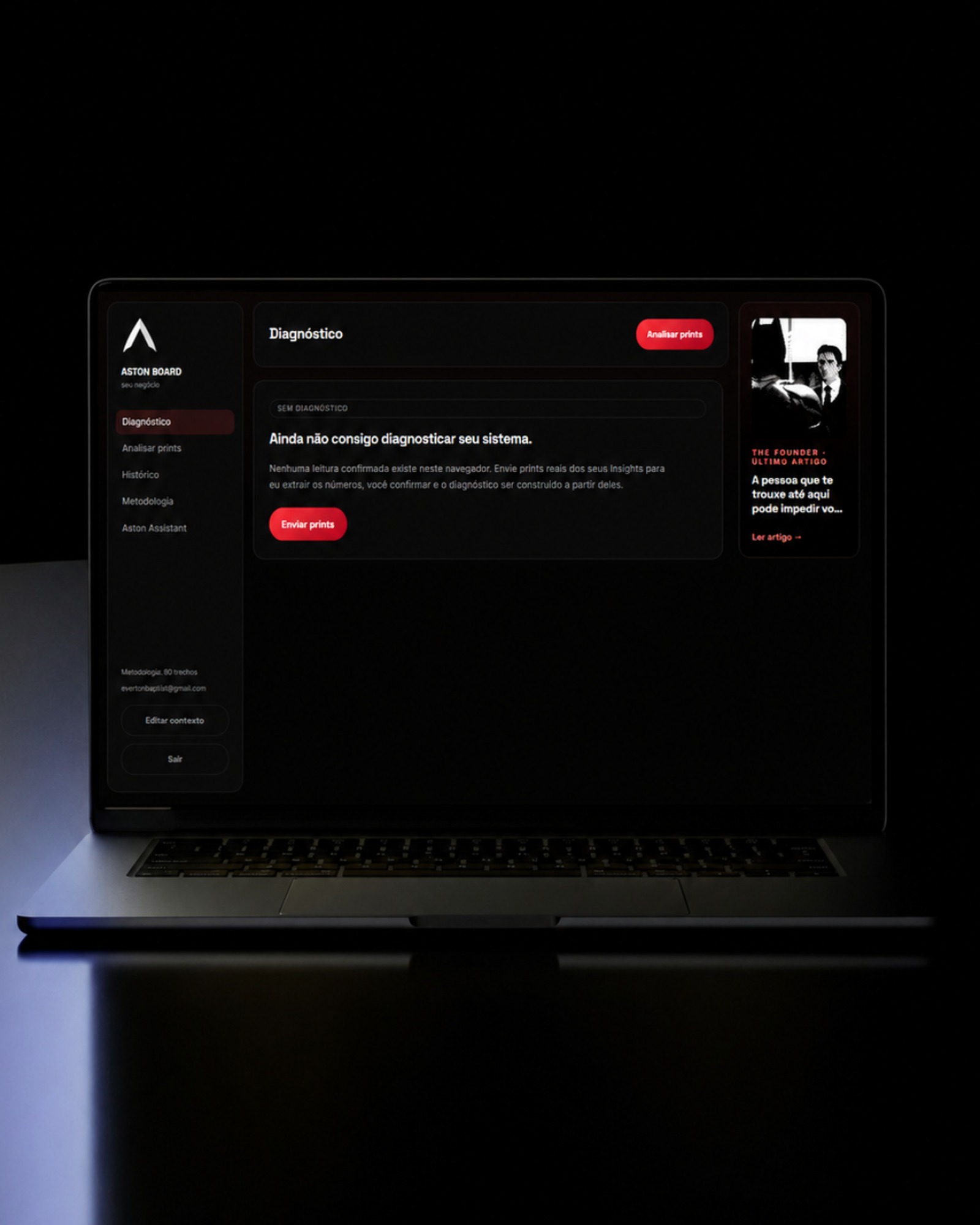 Aston Board aberto em um notebook, na tela de diagnóstico